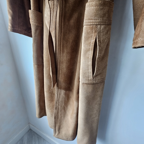 Vintage Genuine Suede Leather Tan Belted Pleated Pockets Pennylane Coat - Picture 6 of 16